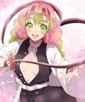  1girl belt black_skirt braid breasts cleavage coat cowboy_shot eyebrows_visible_through_hair gradient_hair green_eyes green_hair haori heart heart_print highres japanese_clothes kanroji_mitsuri katana katetawa kimetsu_no_yaiba lips long_hair long_sleeves looking_at_viewer medium_breasts mole mole_under_eye multicolored_hair open_mouth partially_unbuttoned petals pink_hair pleated_skirt skirt smile solo sword two-tone_hair uniform weapon whip_sword wide_sleeves 