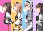  4girls absurdres ahoge akizuki_(kantai_collection) black_hair blue_eyes blush bodysuit breasts brown_hair cape closed_eyes clothes_writing eyebrows_visible_through_hair food from_side gloves grey_cape hachimaki hair_between_eyes hair_ornament hairband hatsuzuki_(kantai_collection) headband highres kantai_collection kiritto light_brown_hair long_hair medium_breasts multiple_girls neckerchief one_side_up pocky pocky_day pocky_kiss ponytail sailor_collar school_uniform serafuku short_hair silver_hair suzutsuki_(kantai_collection) sweatdrop teruzuki_(kantai_collection) white_bodysuit white_gloves 