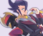  1boy back-to-back bisharp black_eyes black_hair black_jacket blue_eyes dutch_angle elite_four eye_contact gen_5_pokemon giima_(pokemon) grey_background hair_between_eyes hand_up happy highres holding holding_poke_ball jacket long_sleeves looking_at_another looking_back male_focus nago_celica parted_lips poke_ball poke_ball_(generic) pokemon pokemon_(creature) pokemon_(game) pokemon_bw scarf short_hair simple_background smile standing teeth upper_body yellow_scarf 