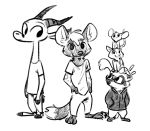  2019 african_wild_dog ambiguous_gender antelope anthro barefoot benjamin_(fuel) bottomwear bovid canid canine carrying cheek_tuft chico_(fuel) clothed clothing crossed_legs dipstick_tail eyewear face_tuft facial_markings fuel_(artist) gazelle glasses greyscale group hands_in_pockets head_markings hoodie horn inner_ear_fluff isaac_(ittybittykittytittys) looking_at_viewer mammal markings mask_(marking) milo_(juantriforce) monochrome mouse multicolored_tail murid murine neck_tuft on_head pants pockets procyonid raccoon ringtail rodent sciurid shirt simple_background smile standing t-shirt topwear tuft white_background 