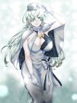  1girl anastasia_(fate/grand_order) blue_eyes bow breasts capelet cleavage dress fate/grand_order fate_(series) gloves hair_over_one_eye hat heroic_spirit_festival_outfit large_breasts long_hair scarf silver_hair sleeveless sleeveless_dress white_gloves 