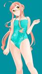  1girl ahoge aqua_swimsuit casual_one-piece_swimsuit double_bun feet_out_of_frame flat_chest glasses highres kantai_collection long_hair makigumo_(kantai_collection) ojipon one-piece_swimsuit pink_hair simple_background solo standing swimsuit teal_background twintails yellow_eyes 