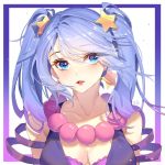  1girl arcade_sona blue_eyes blue_hair earrings jewelry kan_(rainconan) league_of_legends lipstick long_hair looking_at_viewer makeup necklace sona_buvelle star twintails white_background 