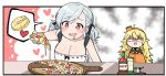  2girls ahoge blonde_hair blush breasts cleavage drooling english_commentary food girls_frontline hair_ribbon headband heart holding_pizza hungry junsuina_fujunbutsu large_breasts long_hair multiple_girls open_mouth pizza red_eyes ribbon s.a.t.8_(girls_frontline) silver_hair spas-12_(girls_frontline) 