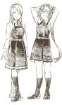  2girls alternate_costume amagiri_(kantai_collection) arms_behind_head asashio_(kantai_collection) asashio_(kantai_collection)_(cosplay) asymmetrical_bangs bangs belt commentary_request cosplay dress full_body glasses hair_between_eyes hairband highres kantai_collection kneehighs loafers long_hair multiple_girls pinafore_dress remodel_(kantai_collection) sagiri_(kantai_collection) school_uniform shoes simple_background standing swept_bangs tsurime uyama_hajime very_long_hair 