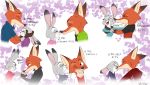  abstract_background absurd_res anthro black_nose bodily_fluids brown_body brown_fur buckteeth canid canine clothed clothing dipstick_ears disney duo english_text eyes_closed fox fur gloves_(marking) grey_body grey_fur grin hi_res hoodie inner_ear_fluff judy_hopps kissing lagomorph leporid mammal markings multicolored_ears nick_wilde one_eye_closed open_mouth open_smile orange_body orange_fur quirky-middle-child rabbit red_fox saliva saliva_string shirt smile teeth text tongue topwear tuft zootopia 