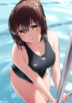  1girl bangs black_swimsuit blush breasts brown_eyes brown_hair cleavage closed_mouth collarbone competition_swimsuit jonsun large_breasts long_hair looking_at_viewer one-piece_swimsuit original pool poolside smile solo swimsuit thighs wet 