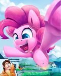  2019 absurd_res balloon clothed clothing detailed_background duo earth_pony equid equine eyelashes female fence friendship_is_magic hair hi_res horse human macro mammal mountain my_little_pony open_mouth outside pinkie_pie_(mlp) pony signature tongue tsitra360 