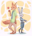  abstract_background anthro barefoot bottomwear canid canine cheek-tuft clothed clothing dipstick_ears disney duo food fox fully_clothed fur green_eyes grey_body grey_fur hi_res holding_food holding_object judy_hopps looking_at_another mammal multicolored_ears necktie nick_wilde one_eye_closed orange_body orange_fur pants pawpsicle police_uniform popsicle purple_eyes red_fox scut_tail shirt standing topwear uniform zootopia 樹兎 