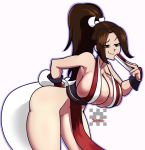  1girl bangs breasts brown_eyes brown_hair cleavage closed_mouth curvy fan fatal_fury hair_ribbon highres huge_breasts japanese_clothes joeydrawss kimono long_hair parted_bangs ponytail ribbon shiny shiny_hair shiranui_mai smash_is_for_good_boys_and_girls smile smirk super_smash_bros. tied_hair tight 