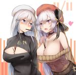  2girls aran_sweater arms_behind_back azur_lane bangs bare_shoulders belfast_(azur_lane) belfast_(shopping_with_the_head_maid)_(azur_lane) belt beret between_breasts black_belt black_bow black_choker black_sweater blue_eyes blush bow breasts brown_sweater choker cleavage cleavage_cutout clothes_writing collarbone commentary_request earrings enterprise_(azur_lane) eyebrows_visible_through_hair food food_in_mouth hair_between_eyes hair_bow hat head_tilt heart highres hoop_earrings jewelry large_breasts leaning_forward long_hair long_sleeves looking_at_another mouth_hold multiple_girls off-shoulder_sweater off_shoulder open_mouth pocky pocky_day pocky_kiss purple_eyes red_headwear ribbed_sweater sidelocks silver_hair sweat sweater turtleneck turtleneck_sweater uchisukui upper_body white_headwear yuri 