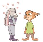  &lt;3 anthro barefoot bottomwear canid canine cheek_tuft clothed clothing disney duo ears_down face_tuft fox fully_clothed fur green_eyes grey_body grey_fur judy_hopps lagomorph leporid looking_at_another mammal neck_tuft nick_wilde orange_body orange_fur pants pivoted_ears police_uniform purple_eyes rabbit red_fox shirt simple_background smile standing toeless_legwear topwear tuft uniform white_background zootopia うあさ 