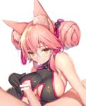  1girl animal_ear_fluff animal_ears bespectacled black_gloves blush breasts censored closed_mouth covered_nipples cum cum_string double_bun eyebrows_visible_through_hair fate/grand_order fate_(series) fox_ears glasses gloves heart heart-shaped_pupils koyanskaya large_breasts looking_at_viewer mogullaz nipples penis pink_hair short_hair simple_background sleeveless smile solo_focus symbol-shaped_pupils white_background yellow_eyes 