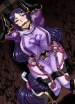  1girl absurdres arms_up b-river bdsm bit_gag blush bondage bound breasts covered_nipples fate/grand_order fate_(series) gag gagged heavy_breathing highres large_breasts long_hair low-tied_long_hair minamoto_no_raikou_(fate/grand_order) pelvic_curtain prisoner purple_eyes purple_hair restrained saliva stocks thighs 