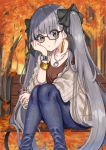  1girl alternate_costume autumn autumn_leaves azur_lane bench black-framed_eyewear black_bow bow bracelet brown_shirt bubble_tea casual collarbone cup day denim drinking_straw earrings eyebrows_visible_through_hair formidable_(azur_lane) glasses grey_hair highres holding holding_cup jeans jewelry long_hair looking_at_viewer necklace outdoors pants r_(ryo) semi-rimless_eyewear shirt sitting solo twintails under-rim_eyewear watch wristwatch 
