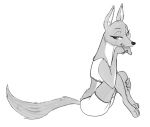  2019 anthro avo_(weaver) barefoot candy canid canine canis cheek_tuft clothed clothing disney face_tuft fan_character female food greyscale half-closed_eyes jackal lollipop looking_at_viewer mammal midriff monochrome mouth_hold pack_street robcivecat simple_background solo tuft white_background zootopia 