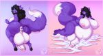  2019 anthro anus balls big_balls big_breasts black_hair blush bodily_fluids breasts butt canid canine cum cum_inflation fox fur genital_fluids gynomorph hair hi_res huge_breasts inflation intersex lactating mammal meganemausu nipples nude open_mouth pawpads penis presenting presenting_anus purple_body purple_fur simple_background smile solo sorez thick_thighs tongue tongue_out 