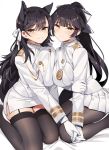  2girls animal_ears atago_(azur_lane) azur_lane bangs black_hair black_legwear blush bow breasts brown_eyes extra_ears eyebrows_visible_through_hair garter_straps gloves hair_bow hair_flaps hair_ribbon highres holding_hands jacket large_breasts long_hair looking_at_viewer military military_uniform miniskirt mole mole_under_eye multiple_girls ndgd pantyhose pleated_skirt ponytail ribbon skirt smile swept_bangs takao_(azur_lane) thighhighs uniform very_long_hair white_bow white_jacket white_ribbon 