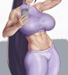  1girl abs biceps bra breasts cellphone commentary eu03 fate/grand_order fate_(series) flexing head_out_of_frame huge_breasts lips long_hair midriff minamoto_no_raikou_(fate/grand_order) muscle muscular_female navel pants phone pose purple_bra purple_hair purple_pants self_shot skin_tight sleeveless smartphone solo sports_bra symbol_commentary taking_picture thick_thighs thighs underwear very_long_hair yoga_pants 