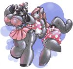  2019 animate_inanimate anthro big_breasts bose breasts clothing dress duo female grin hair handles hi_res huge_breasts implied_transformation inflatable living_inflatable nipple_outline nozzle on_one_leg ribbons seam_(sewing) smile species_request standing surprise thick_thighs toony tutu 
