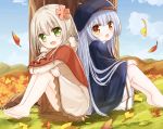  2girls autumn_leaves bangs barefoot beret black_headwear blue_hair blue_sky brown_capelet brown_dress brown_eyes brown_footwear cloud crossed_arms day dress eyebrows_visible_through_hair flower ginkgo ginkgo_leaf green_eyes hair_between_eyes hair_flower hair_ornament hat knees_up light_brown_hair long_hair long_sleeves multiple_girls on_grass on_ground original outdoors sitting skirt sky sleeves_past_wrists soles tree very_long_hair white_skirt yuuhagi_(amaretto-no-natsu) 