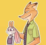  anthro bunny_ears_(gesture) clothed clothing disney duo ears_down fur gesture green_eyes grey_body grey_fur judy_hopps lagomorph leporid mammal necktie nick_wilde orange_body orange_fur pivoted_ears police_uniform purple_eyes rabbit shirt simple_background smile topwear uniform yellow_background zootopia うあさ 