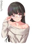  1girl adjusting_eyewear alternate_costume bangs bare_shoulders brown_hair choukai_(kantai_collection) closed_mouth collarbone cropped_torso ebifurya eyebrows_visible_through_hair highres kantai_collection long_hair long_sleeves looking_at_viewer off-shoulder_sweater off_shoulder red_eyes smile solo striped sweater upper_body vertical_stripes white_sweater 