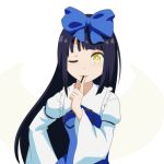  1girl ;) anime_coloring black_hair blue_bow blue_dress bow cato_(monocatienus) commentary_request dress finger_to_mouth food food_in_mouth frilled_shirt_collar frills hair_bow hand_on_hip juliet_sleeves long_hair long_sleeves one_eye_closed parted_lips pocky pocky_day puffy_sleeves simple_background smile solo star_sapphire touhou upper_body white_background white_sleeves wide_sleeves yellow_eyes 
