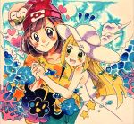  2girls absurdres aqua_shorts bangs beanie black_eyes blank_eyes blonde_hair blue_sky blush blush_stickers brown_hair closed_mouth cloud collarbone coral cosmog day dress eyebrows_visible_through_hair flat_chest floral_print gen_7_pokemon green_eyes hand_up happy hat heart highres holding_hands legendary_pokemon lillie_(pokemon) long_hair looking_at_viewer mizuki_(pokemon) multiple_girls nago_celica notice_lines open_mouth outdoors poke_ball_symbol poke_ball_theme pokemon pokemon_(creature) pokemon_(game) pokemon_sm red_headwear rowlet shirt short_hair short_sleeves shorts sky sleeveless sleeveless_dress smile standing star sun_hat sweat teeth traditional_media water white_dress white_headwear yellow_eyes yellow_shirt 