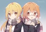  2girls :o aa_(sin2324) black_serafuku blonde_hair blue_background blue_jacket brown_eyes brown_hair crescent crescent_moon_pin eyebrows_visible_through_hair glasses gradient gradient_background jacket kantai_collection long_hair long_sleeves looking_at_another looking_at_viewer mochizuki_(kantai_collection) multiple_girls neckerchief necktie red-framed_eyewear remodel_(kantai_collection) satsuki_(kantai_collection) scarf school_uniform semi-rimless_eyewear serafuku shared_scarf simple_background smile twintails twitter_username upper_body white_neckwear yellow_neckwear 