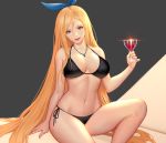  1girl alcohol arm_support bare_arms bare_shoulders bikini black_bikini blonde_hair blue_eyes breasts cleavage commission cup drink drinking_glass glint hair_between_eyes hair_ribbon halter_top halterneck highres holding holding_cup jewelry large_breasts long_hair looking_at_viewer navel necklace original parted_lips ribbon side-tie_bikini sitting siun skindentation smile solo stomach swimsuit thighs two-tone_background very_long_hair wine wine_glass 