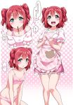  1girl apron bangs bare_legs blush bra breasts check_translation collarbone food frilled_skirt frills green_eyes hair_ribbon heart highres kanji kurosawa_ruby looking_at_viewer love_live! love_live!_school_idol_project multiple_views navel off-shoulder_shirt off_shoulder panties pink_bra pink_hair pink_panties pink_ribbon pocky polka_dot polka_dot_background ribbon shirt short_hair skirt small_breasts smile speech_bubble translation_request twintails underwear yopparai_oni 