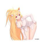  1girl animal_ear_fluff animal_ears bent_over blonde_hair breasts cleavage collarbone collared_shirt commission dress_shirt fox_ears half_updo large_breasts long_hair long_sleeves looking_at_viewer no_bra no_pants original panties red_eyes shirt simple_background siun smile solo standing thighs underwear very_long_hair white_background white_panties white_shirt 