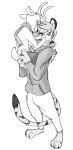 2019 ambiguous_gender anthro antlers barefoot blush bodily_fluids bottomwear cameron_(zootopia_fan_character) carrying cervid claws clothed clothing disney eyes_closed fan_character felid greyscale hands_on_cheeks hi_res hoodie horn jamie_(zootopia_fan_character) mammal monochrome pantherine pants robcivecat scarf shirt simple_background tears tiger toe_claws topwear white_background zootopia 