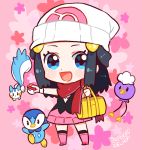  1girl arm_up artist_name bag beanie black_eyes black_hair black_legwear black_shirt blue_eyes blush boots chibi dated drifloon duffel_bag full_body gen_4_pokemon hair_ornament hairclip hand_up happy hat hikari_(pokemon) holding holding_poke_ball knee_boots kneehighs long_hair looking_at_viewer miniskirt nago_celica open_mouth outstretched_arm pachirisu pink_background pink_footwear pink_skirt piplup poke_ball poke_ball_(generic) poke_ball_symbol poke_ball_theme pokemon pokemon_(creature) pokemon_(game) pokemon_dppt red_scarf scarf shiny shiny_hair shirt signature simple_background skirt sleeveless sleeveless_shirt smile solo_focus standing tied_hair white_headwear 