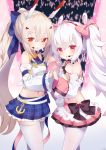 2girls animal_ears ayanami_(azur_lane) ayanami_(troubled_star_idol)_(azur_lane) azur_lane bangs bare_shoulders black_choker blue_bow blue_skirt bow breasts bunny_ears choker commentary_request detached_sleeves eyebrows_visible_through_hair frilled_skirt frills glowstick hair_between_eyes hair_bow hair_ornament hairband hairclip headgear headset high_ponytail highres holding_hands interlocked_fingers koko_ne_(user_fpm6842) laffey_(azur_lane) laffey_(halfhearted_bunny_idol)_(azur_lane) light_brown_hair long_hair long_sleeves looking_at_viewer multiple_girls pantyhose parted_lips pink_bow pink_skirt plaid plaid_bow plaid_skirt pleated_skirt ponytail red_eyes red_hairband shirt silver_hair single_strap skirt sleeveless sleeveless_shirt small_breasts thighhighs twintails very_long_hair white_legwear white_shirt white_sleeves wide_sleeves 
