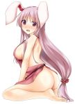  1girl animal_ears apron ass bangs bare_arms barefoot blush bottomless breasts bunny_ears eyebrows_visible_through_hair hair_ornament hair_scrunchie kue large_breasts long_hair looking_at_viewer low-tied_long_hair naked_apron nose_blush open_mouth pink_apron purple_hair red_eyes red_scrunchie reisen_udongein_inaba scrunchie seiza sideboob simple_background sitting solo strap_gap thighs touhou very_long_hair white_background 