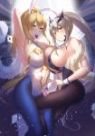  2girls absurdres animal_ears arm_behind_head armpits artoria_pendragon_(all) artoria_pendragon_(lancer) artoria_pendragon_(lancer_alter) artoria_pendragon_(swimsuit_ruler)_(fate) bangs bare_shoulders blonde_hair blue_legwear blush braid breasts bunny_ears bunnysuit card cleavage detached_collar fate_(series) fishnets green_eyes hair_between_eyes highres holding l.kili large_breasts leotard long_hair looking_at_viewer mouth_hold multiple_girls navel necktie pantyhose playing_card ponytail sidelocks white_leotard wrist_cuffs yellow_eyes 