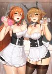  2girls :d apron asymmetrical_docking bangs black_legwear blush bottle breast_press breasts brown_hair choker commissioner_upload cowboy_shot eyebrows_visible_through_hair garter_straps girls_frontline green_eyes hair_between_eyes hair_ribbon headgear heart heart_choker highres holding holding_bottle holding_hands jai_(whany1998) kantai_collection large_breasts long_hair looking_at_viewer lotion m1903_springfield_(girls_frontline) maid multiple_girls mutsu_(kantai_collection) open_mouth ponytail pouring_onto_self ribbon sex_toy short_hair sidelocks sleeveless smile solo thighhighs waist_apron 