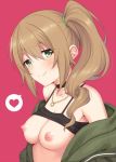  1girl bangs bare_shoulders black_camisole blush breasts breasts_outside brown_hair chloe_(princess_connect) choker closed_mouth collarbone green_eyes green_jacket heart horosuke_(toot08) jacket jewelry long_hair looking_at_viewer necklace nipples off_shoulder open_clothes open_jacket pink_background princess_connect! princess_connect!_re:dive shirt_lift side_ponytail simple_background smile solo spoken_heart 