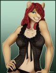  accelo anthro breasts clothing felid female green_background green_eyes hair hair_over_eye lingerie lion mammal navel nipples pantherine simple_background 