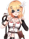  1girl :d bangs bare_shoulders belt belt_buckle black_belt black_choker black_gloves blonde_hair blue_eyes bow_(weapon) breasts buckle choker cleavage collarbone copyright_request crossbow eyebrows_visible_through_hair eyepatch fang feathers fingerless_gloves gloves hair_between_eyes hair_feathers hair_ornament hairclip highres jewelry long_hair medium_breasts navel one_side_up open_mouth pendant shirt single_glove skull skull_hair_ornament smile solo upper_body w.k weapon white_feathers white_shirt x_hair_ornament 