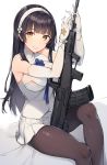  1girl absurdres assault_rifle bare_shoulders black_hair blue_ribbon breasts brown_eyes brown_legwear bullpup commentary_request dress_shirt elbow_gloves girls_frontline gloves gun hairband highres holding holding_gun holding_weapon large_breasts long_hair looking_at_viewer miniskirt pantyhose pleated_skirt qbz-95 qbz-95_(girls_frontline) ribbon rifle rikoma shirt simple_background sitting skirt sleeveless sleeveless_shirt sleeveless_turtleneck smile solo turtleneck weapon white_background white_gloves white_shirt white_skirt 