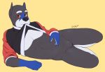  anthro bottomless canid canine clothed clothing featureless_crotch hero hi_res male mammal neoprene simple_background snofu solo 