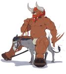  2019 abuse ambiguous_gender anthro asinus beard bovid bulge donkey duo ear_piercing ear_ring equid equine facial_hair feral hooves horn male mammal muscular muscular_male navel nipples pecs piercing riding simple_background size_difference the_guron white_background 