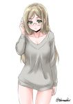 1girl alternate_costume blonde_hair breasts casual cleavage cowboy_shot glasses green_eyes grey_sweater hair_down highres kantai_collection katori_(kantai_collection) large_breasts long_sleeves looking_at_viewer rimless_eyewear simple_background solo sweater takomeshi twitter_username white_background 