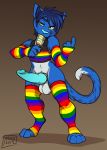  arm_warmers armwear blue_body blue_eyes blue_fur clothing crashdoom dessert domestic_cat erection felid feline felis food fur holding_object ice_cream knot knotting leg_warmers legwear lgbt_pride licking male mammal muzz penis rainbow sex smile smirk tongue tongue_out 