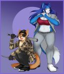  2019 abs anthro baseball_bat bat_(object) belt big_breasts blue_hair bottomwear bra breasts canid canine canis catsmeow cleavage clothed clothing cosplay cougar crazed_look eye_patch eyewear facial_hair fangs felid feline female fur gloves goro_majima hair handwear hi_res hopey kazuma_kiryu kneeling knife larger_female long_hair male mammal multicolored_body multicolored_fur muscular muscular_female open_mouth pants randochris_(character) short_hair size_difference snakeskin sports_bra suit thick_thighs tight_clothing two_tone_body two_tone_fur underwear wolf yakuza_(series) 