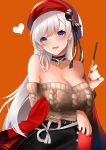  1girl :d absurdres aran_sweater azur_lane belfast_(azur_lane) belfast_(shopping_with_the_head_maid)_(azur_lane) beret blush breasts brown_sweater choker cleavage collarbone earrings food hat highres holding holding_food hoop_earrings jewelry large_breasts long_hair looking_at_viewer off-shoulder_sweater off_shoulder open_mouth pocky sanba_tsui silver_hair skirt smile solo sweater 