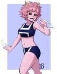  5_fingers absurd_res ashido_mina black_sclera breasts clothed clothing eyelashes female fingers hair hi_res horn humanoid juliantheturtle midriff my_hero_academia navel not_furry open_mouth pink_body pink_hair solo teeth 